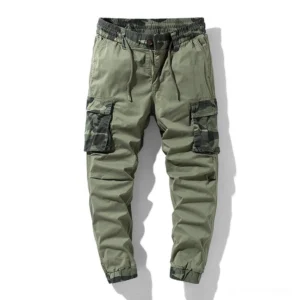 Army green gothic cargo joggers with camouflage side pockets front flat lay view