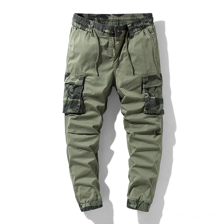 Army green gothic cargo joggers with camouflage side pockets front flat lay view