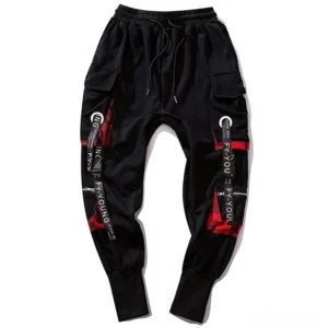 Black gothic cargo joggers flat lay front view featuring elastic waistband, tapered cuffs, and multi-pocket cargo design