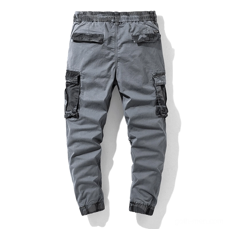 Dark grey gothic cargo joggers back view showing multiple utility pockets