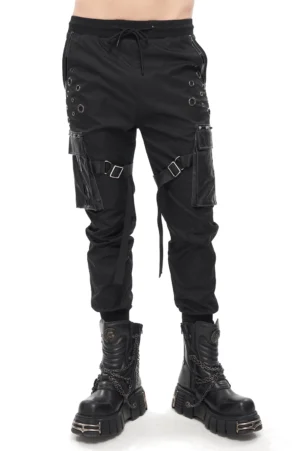 Men's gothic cargo joggers full front view worn by model with chunky biker boots, showing drawstring waist, metal grommets, and studded side pockets