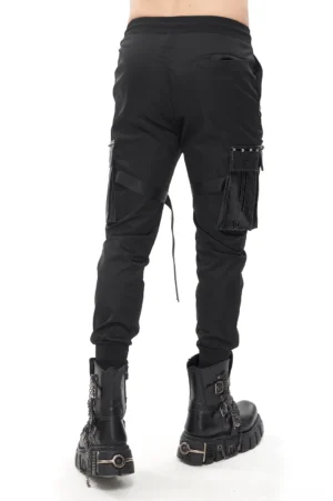 Rear view of gothic cargo joggers showing back pockets, hanging drawstring, and ribbed ankle cuffs with industrial details