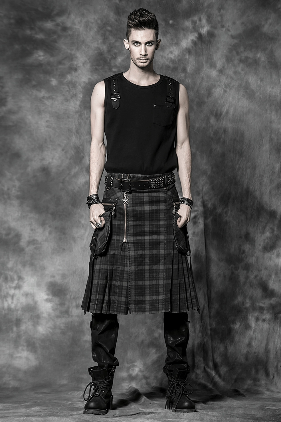 Side pocket detail of gothic cargo kilt showing brass zipper and leather accent trim