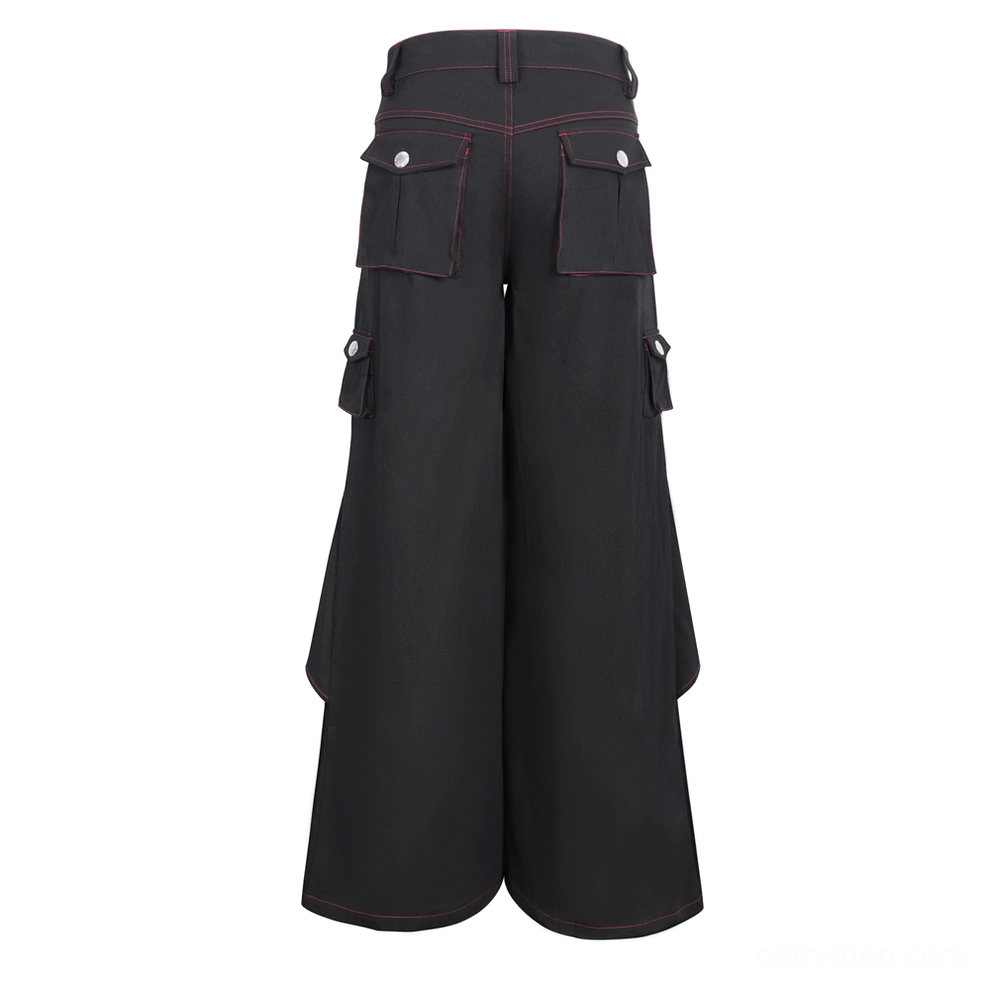 Gothic wide-leg cargo pants rear flat lay with flap pockets and red topstitching detail