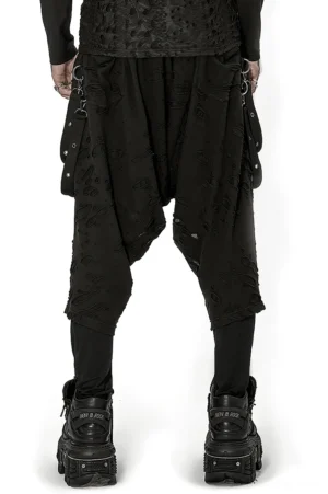Black gothic harem pants rear view showing elastic waistband and back strap details with metal hardware