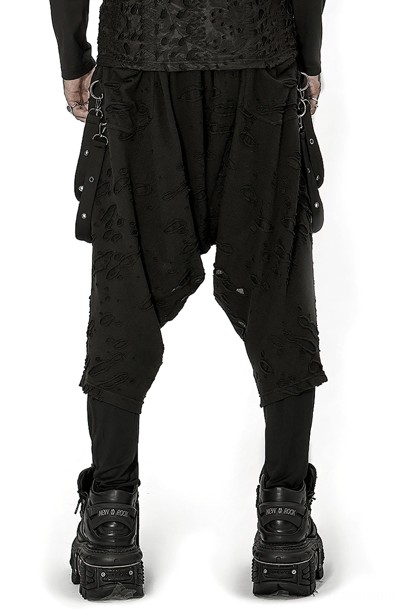 Black gothic harem pants rear view showing elastic waistband and back strap details with metal hardware