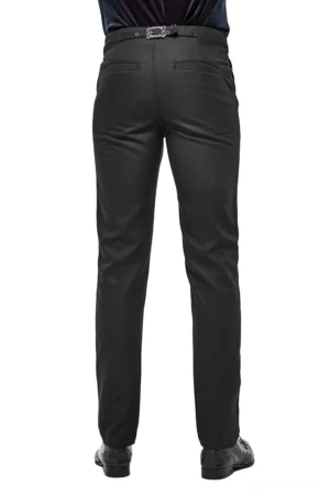 Black gothic cargo pants rear view showing decorative metal buckle waistband and back pockets