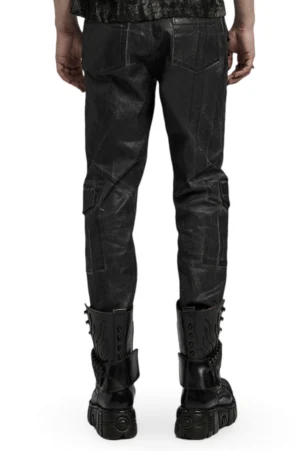 Distressed gothic cargo pants rear view showing back pockets and reinforced distressed finish, worn with combat boots