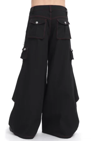 Black goth cargo pants rear view showing flap pockets and red stitching details