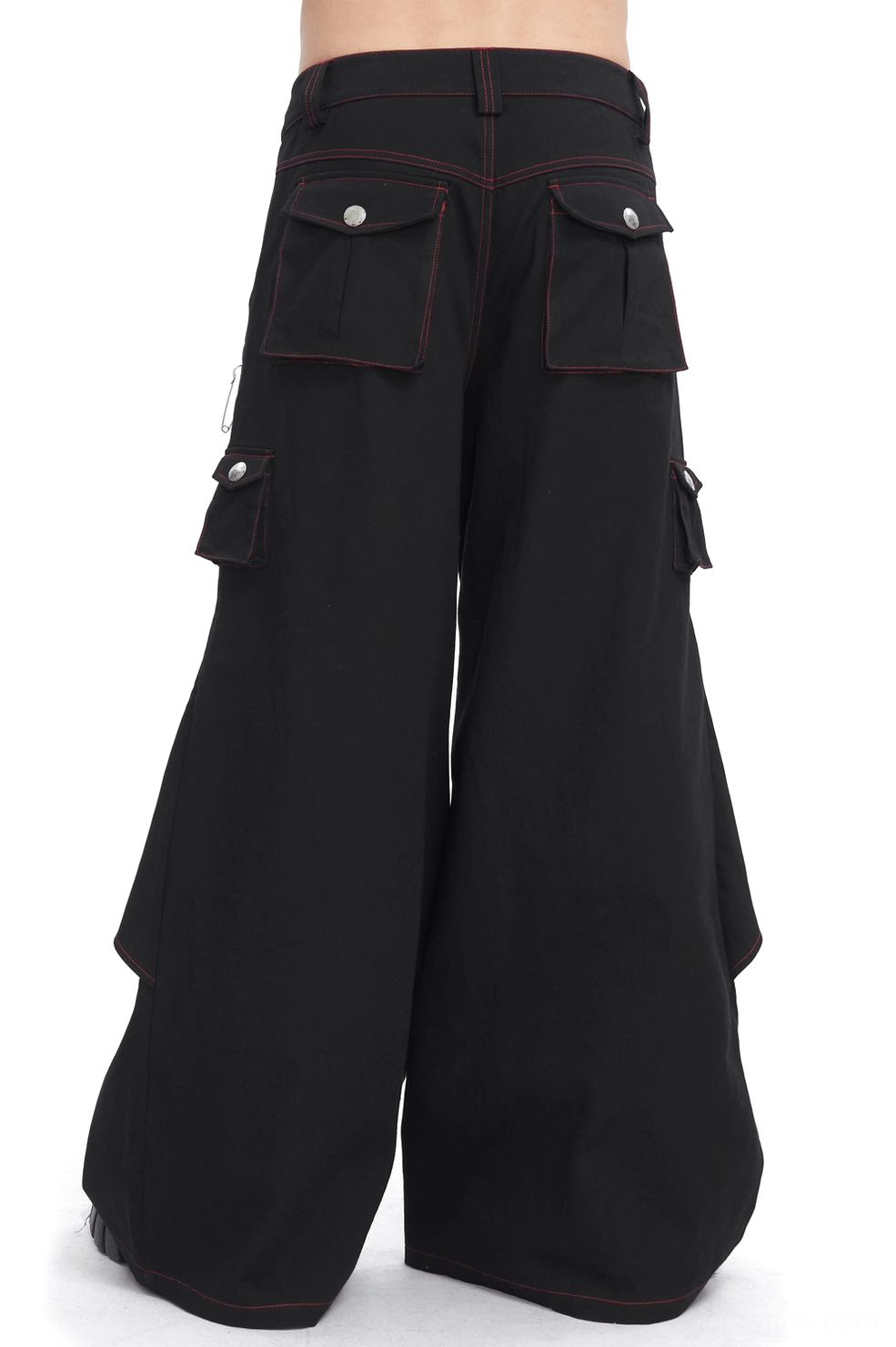 Black goth cargo pants rear view showing flap pockets and red stitching details