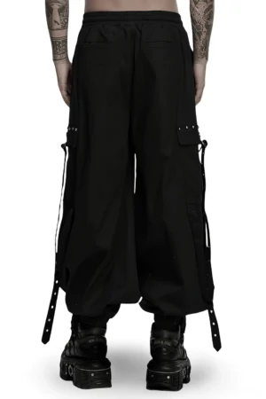 Black gothic cargo pants rear full-body view showing side pockets and hanging straps