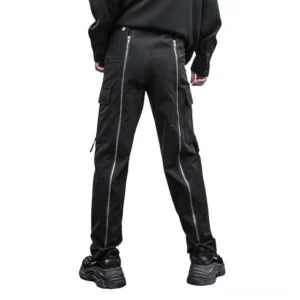 Black gothic cargo pants rear view showing back zippers and thigh cargo pockets