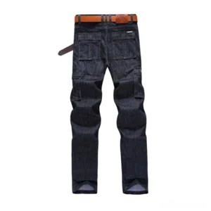 Black-blue gothic military cargo trousers rear view displaying structured utility pockets and strategic cargo placement with military-inspired design elements