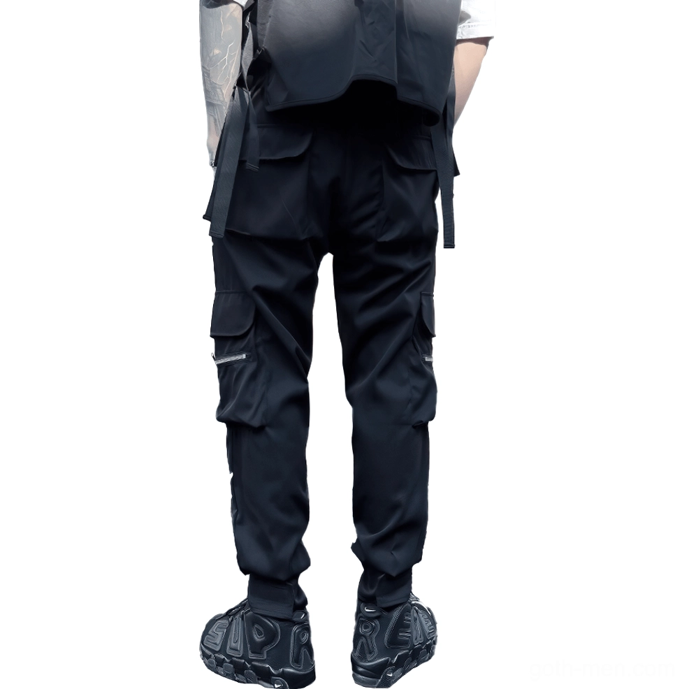 Black cargo pants rear view showing large tactical pockets and webbing straps with elastic cuffs