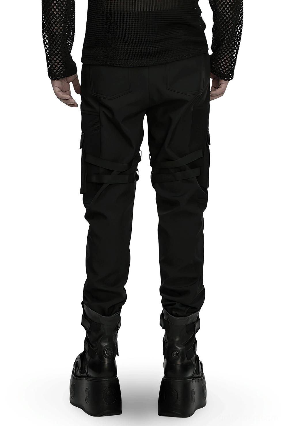 Black gothic cargo pants rear full-body view displaying thigh buckle straps and tapered cuffed legs
