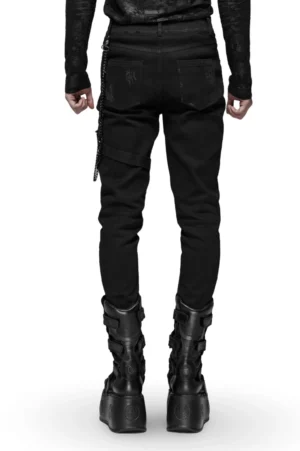 Black Gothic cargo pants back view on male model, showing distressed knee texture and side chain detailing