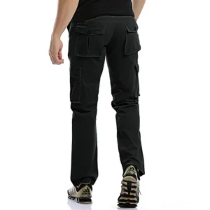 Men's black military cargo pants rear view - multiple cargo pockets and straight cut silhouette