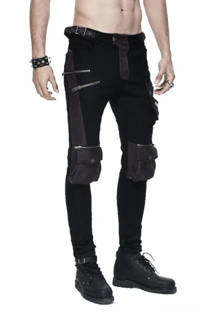 Black and coffee steampunk multi-pocket biker cargo pants front view on male model