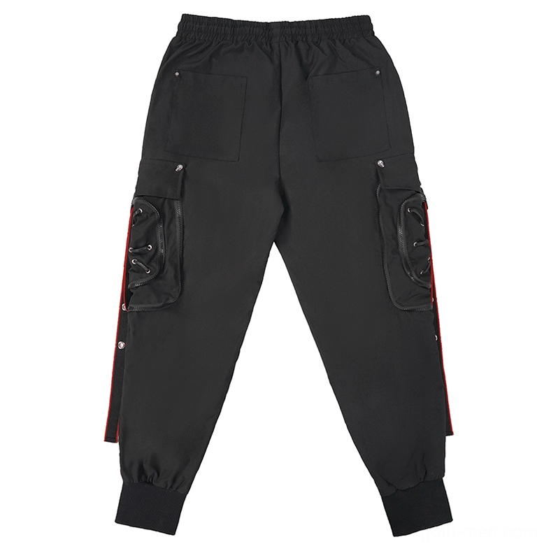 Black gothic cargo trousers flat lay rear view with patch pockets and red side straps