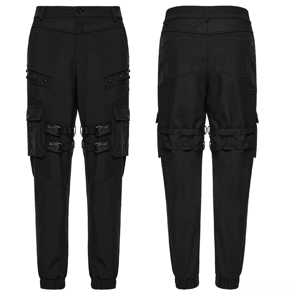 Black gothic cargo pants flat lay front and rear view showing mesh waist panel and buckle strap details