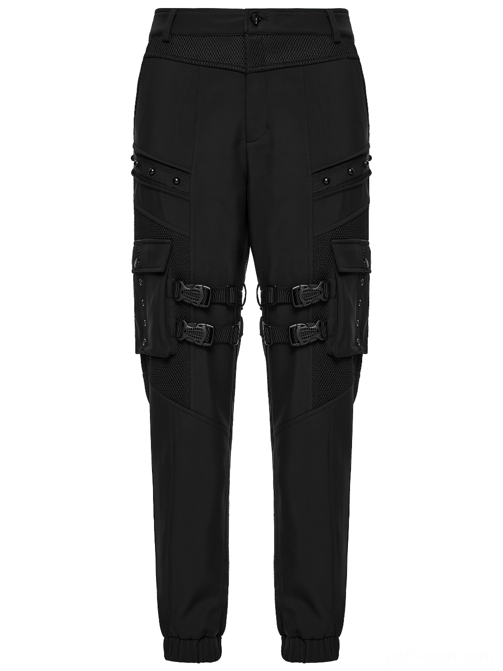 Black gothic cargo pants flat lay front view featuring buckle-fixed side pockets and elasticated cuffs
