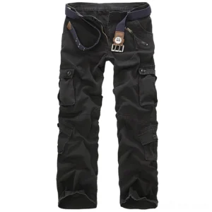 Black military cargo pants front flat lay view with multiple side pockets and waist belt loops - goth cargo trousers