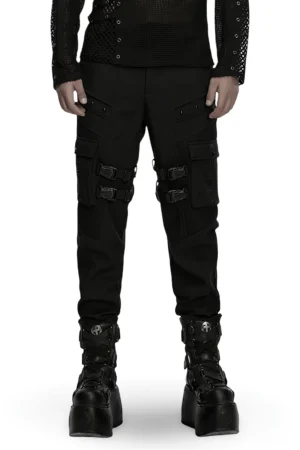 Black gothic cargo pants front full-body view worn with platform boots, showing buckle straps and mesh panel details