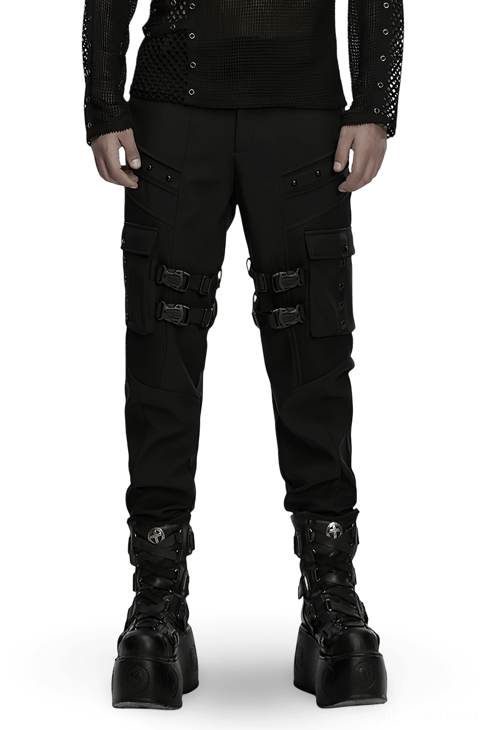 Black gothic cargo pants front full-body view worn with platform boots, showing buckle straps and mesh panel details