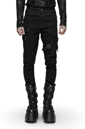 Black Gothic cargo pants front view on male model, featuring metal chain accents and zipper details