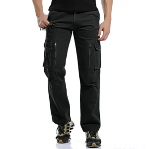 Gothic tactical cargo pants front view - black cotton military trousers with zippered side pockets and straight leg design