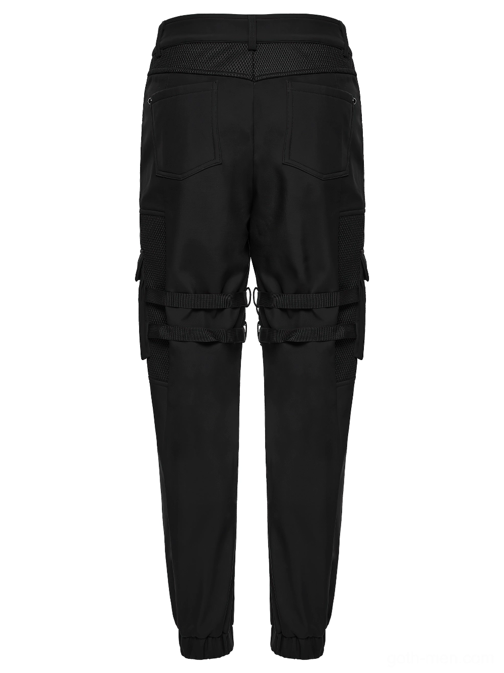 Black gothic cargo pants rear flat lay view showing rear waist pockets and thigh buckle straps on tapered legs