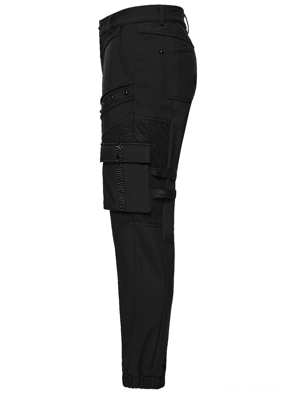 Black gothic cargo pants side flat lay view displaying mesh-paneled pocket and strap fasteners on slim tailored fit