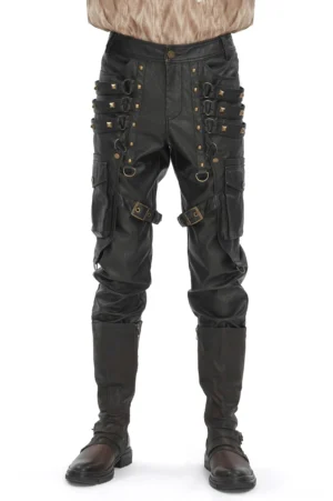 Black studded faux leather gothic cargo pants front full-body view on male model, featuring bronze pyramid studs and multiple functional pockets