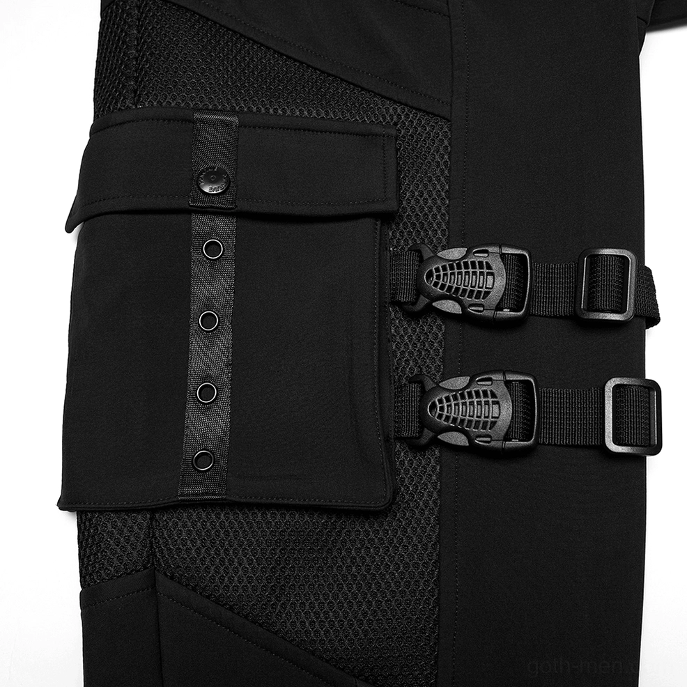 Close-up detail of black gothic cargo pants dual plastic buckles and snap button mesh fabric pocket straps