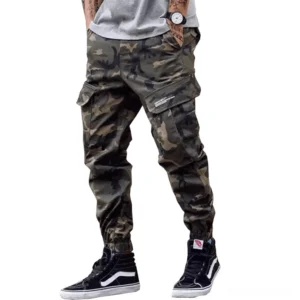 Men's gothic camouflage cargo pants with multi-pockets and tapered cuffs, styled street wear look