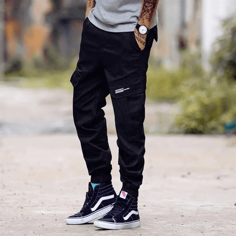 Black and camouflage cargo pants color comparison for gothic styling