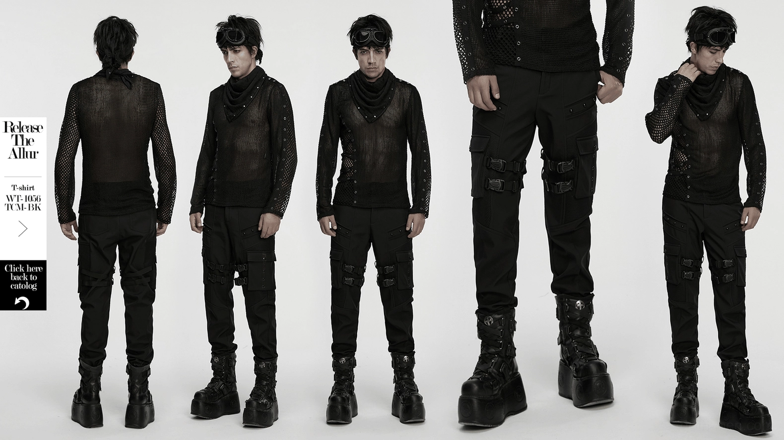 Black gothic cargo pants complete product shot featuring mesh panels and studded webbing accents