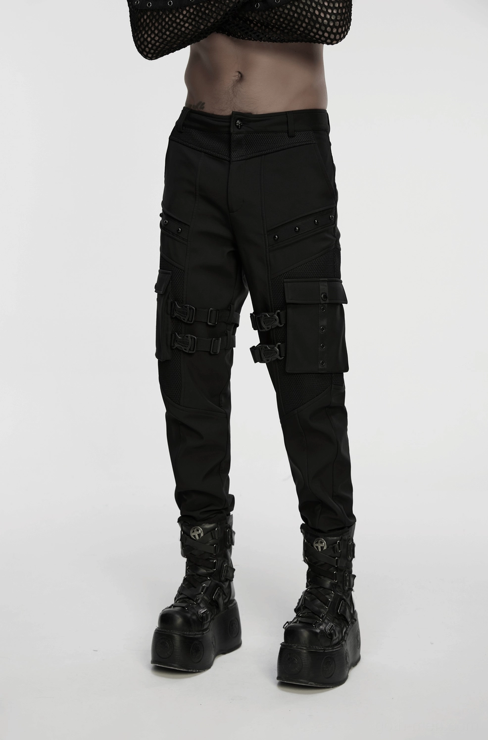 Black gothic cargo pants complete styling overview demonstrating gothic techwear aesthetic potential