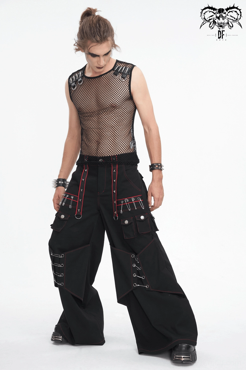 Black alternative fashion cargo pants with red stitch detail for cyberpunk and goth style