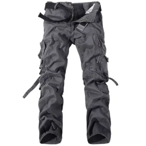 Dark gray gothic cargo pants front flat lay with multi-pocket detail and adjustable straps