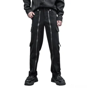 Black gothic cargo pants front view with dual front zippers - men's alternative fashion
