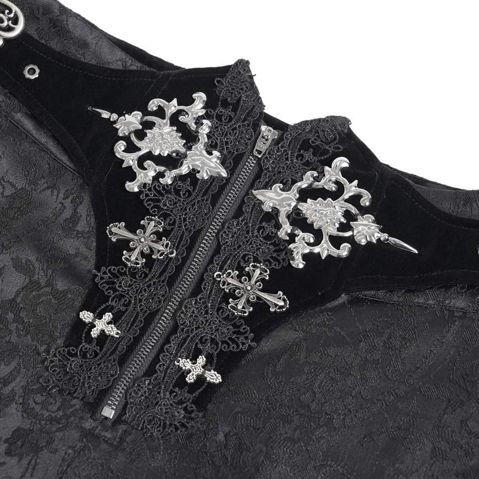 Side flat lay view of black gothic cargo pants showing embellished high waist and jacquard weaving