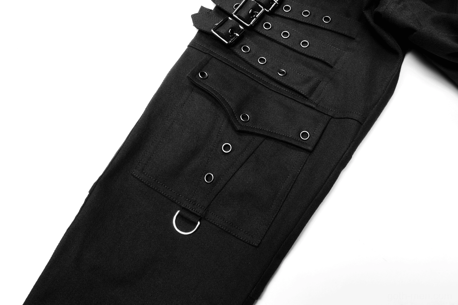 Men's gothic cargo pants texture and weave detail showing 99% cotton twill fabric construction on black trousers