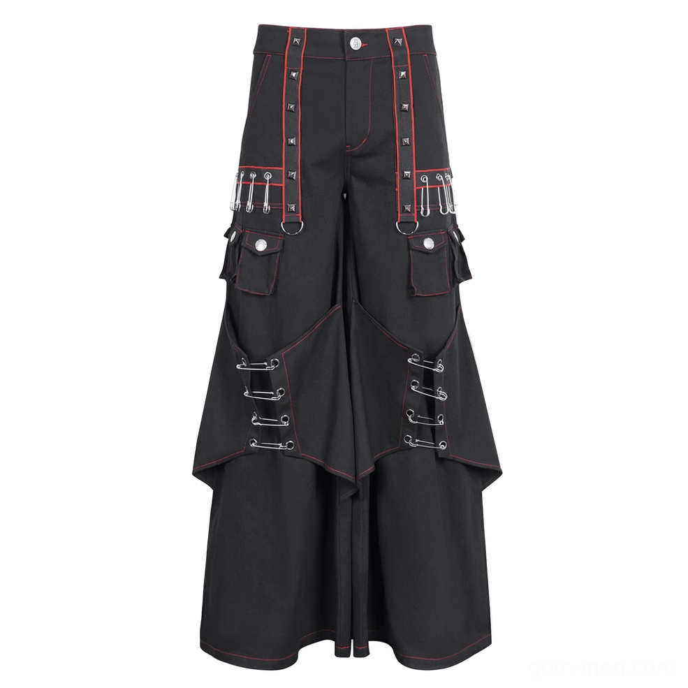 Industrial gothic wide-leg cargo pants flat lay front view with metal hardware accents