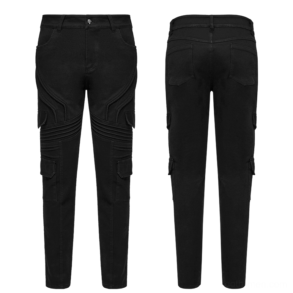 Black slim fit cargo pants flat lay front and rear view geometric pleats