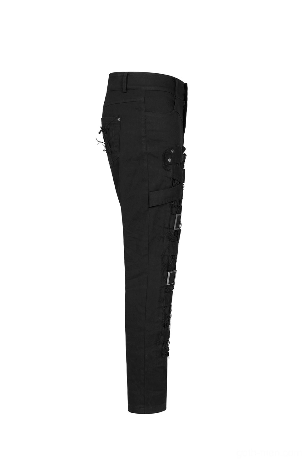 Gothic cargo pants side view flat lay showing frayed strap accents and fitted leg silhouette