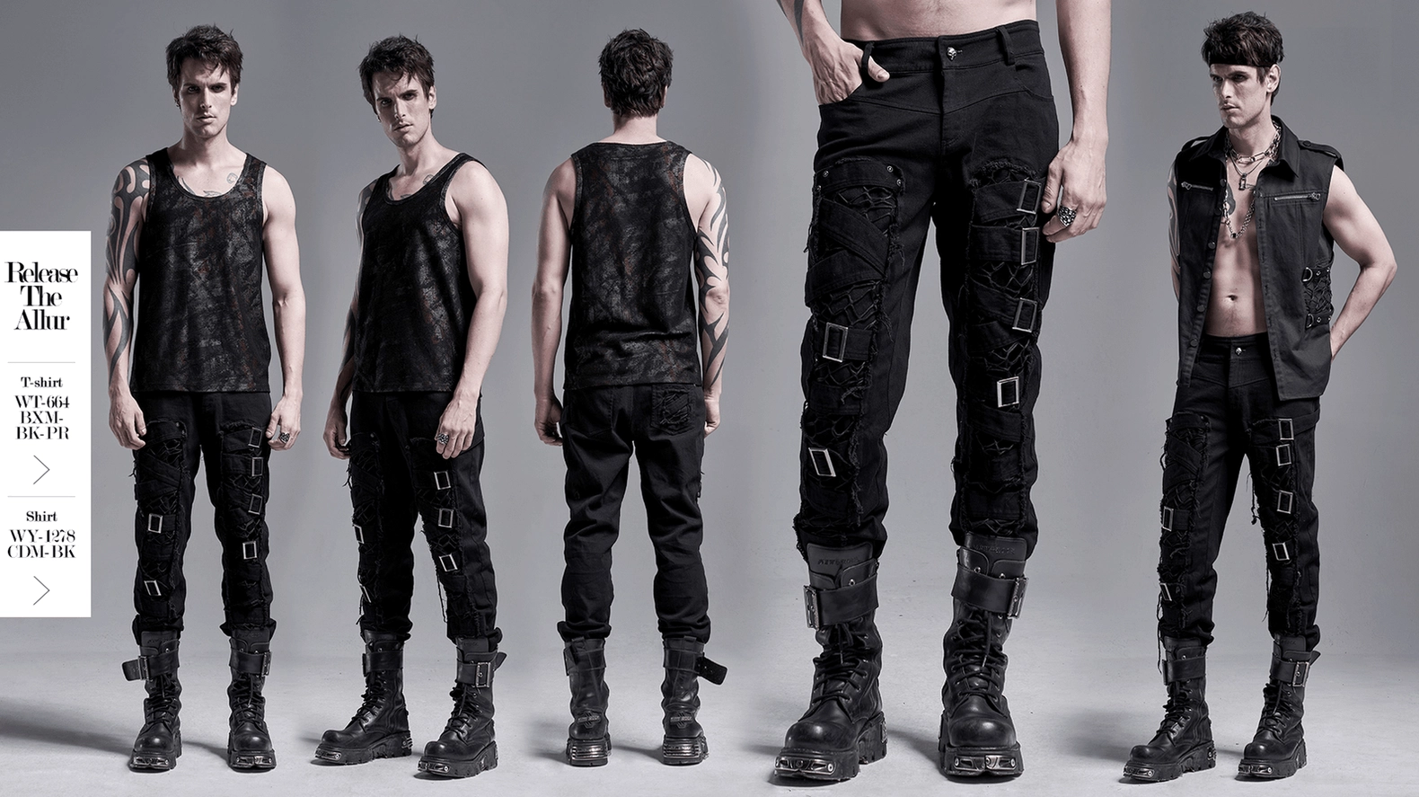 Product photography of black mesh buckle gothic cargo pants front view highlighting Japanese buckle details