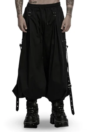 Black gothic cargo pants front full-body view with adjustable straps and metal rivet details