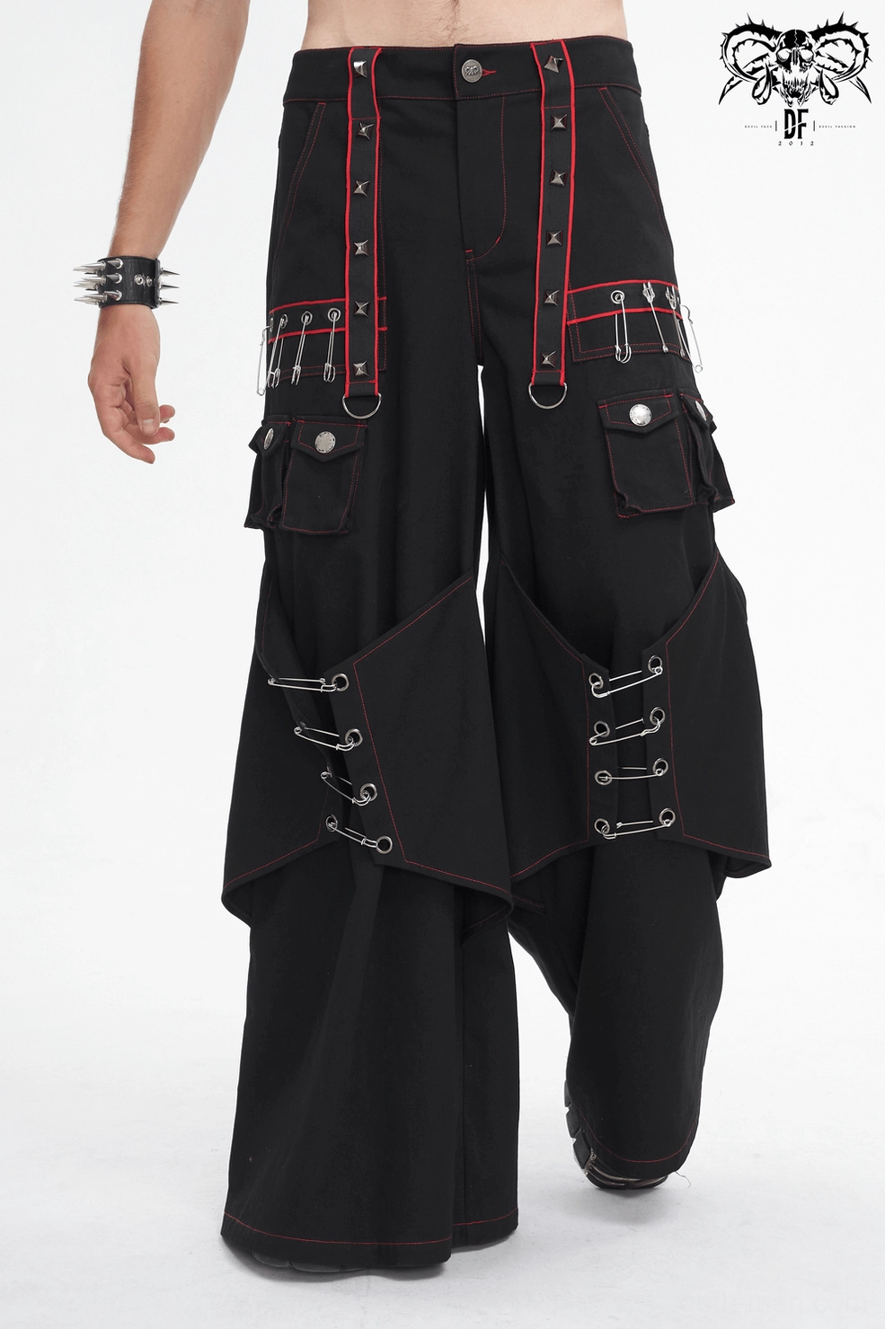 Black goth cargo pants with red topstitching full product showcase and construction details