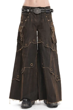 Brown gothic grommet wide leg cargo pants front view on male model with metal hardware and raw hem detail